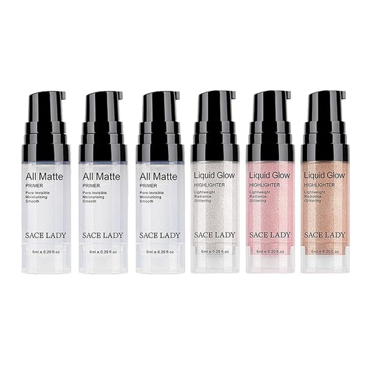 Matte Pore Face Primer 3pcs & Shimmer Highlighter Makeup Glow Illuminator 3pcs, Ultra-smooth Soft Lightweight Pore Minimizer and Liquid Highlighter Face Cosmetic Set