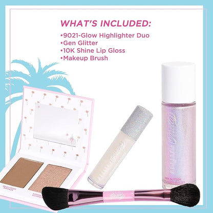 Petite 'n Pretty Makeup Set for Kids (Silver) - Face & Body Makeup for Kids, Tweens, Teens - Highlighter, Body Shimmer Glitter, Lip Gloss, Makeup Brush, Made in the USA