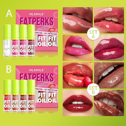 4 Colors Lip Oil Lip Glaze Set, Tinted Gloss Lip Gloss Oil, Plumping Moisturizing and Nourishing Lips, Long Lasting Fresh and Smooth Lip Care Set - A#