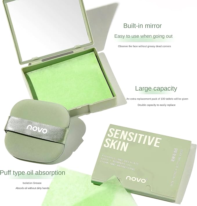Novo Oil Absorbing Sheets with Mirror & Powder Puff – 100 Sheets, Instant Shine Control, Portable & Travel-Friendly, Convenient Oil Control, Non-Greasy Skin, Easy to Use, Unisex