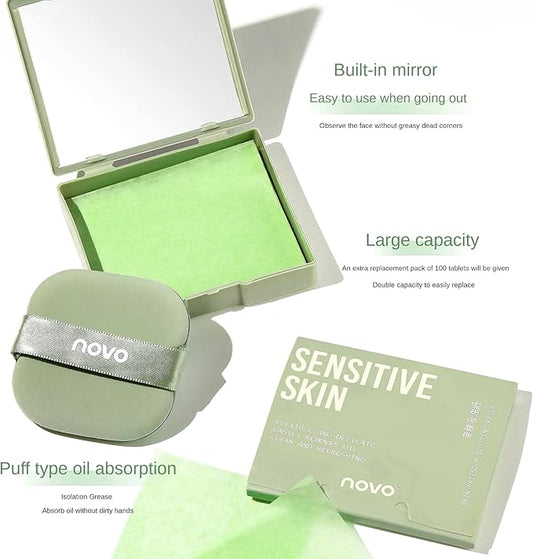 Novo Oil Absorbing Sheets with Mirror & Powder Puff – 100 Sheets, Instant Shine Control, Portable & Travel-Friendly, Convenient Oil Control, Non-Greasy Skin, Easy to Use, Unisex