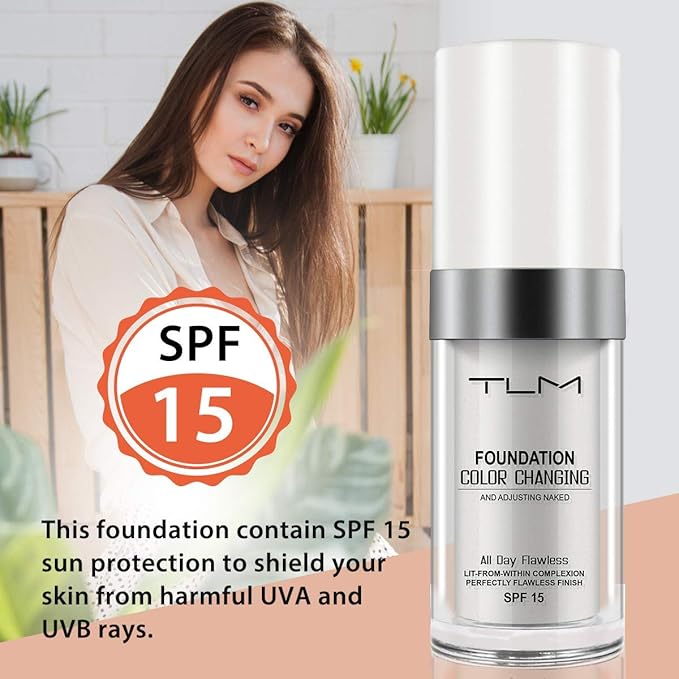 2PCS TLM Flawless Colour Changing Warm Skin Tone Foundation, Naturally Blends Moisturizing foundation makeup, Long Lasting Waterproof Lightweight Liquid Foundation SPF 15 for Face Makeup