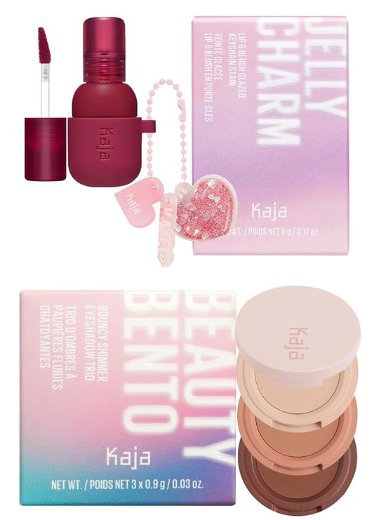 Kaja Lip & Blush Glazed Keychain Stain - Jelly Charm 01 Cherry Spritz + Beauty Bento Collection - Bouncy Eyeshadow Trio 13 Velvet Dream, 0.03 Oz Bundle