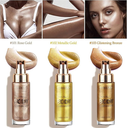 PHOERA High Gloss Waterproof Body Luminizer Glitter Face Shimmer Moisturizer Lotion Tan Cream Foundation Makeup Bronzer AQUAPURITY (101 Rose Gold)