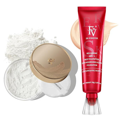 FV Moisturizing Foundation with Translucent Setting Powder, Long Lasting & Natural Finish, Lightweight Foundation Makeup Set for Dry/Combination Skin, Nourishing Ivory & Shimmer Sheer