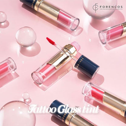 FORENCOS Tattoo Glass Lip Gloss Tint, Korean Glossy Tint/Stain, High Pigmentation, Glasting Shine, Long Lasting, Moisturizing, Lightweight, Non-Sticky Formula (01 Cerise)