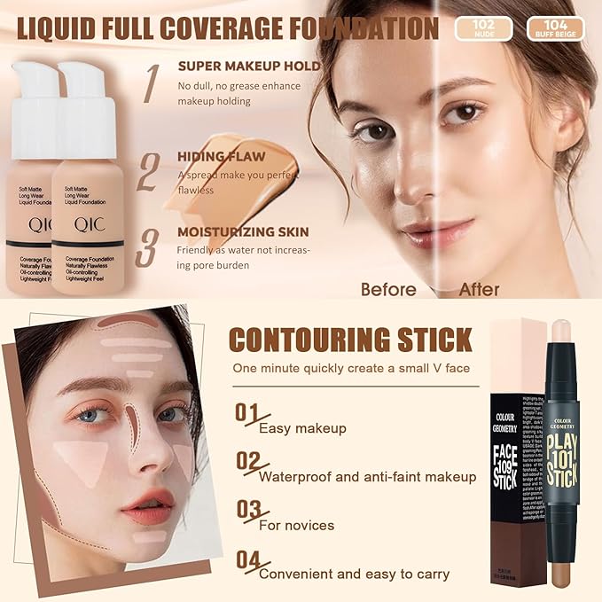 All in One Makeup Kit for Women Full Kit, 12 Colors Eyeshadow, Foundation & Primer, Lipsticks, Mascara, Makeup Brush & Sponge, Brow Pencil & Soap, Eyeliner, Contour Stick, Cosmetics Bag