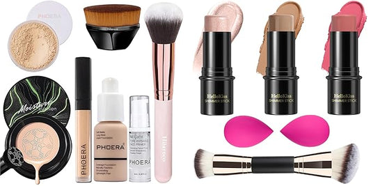Mushroom Head Air Cushion CC Cream,PHOERA Foundation,PHOERA Concealer, PHOERA Powder, 3 Pcs Cream Contour Stick Makeup Kit, Shades with Highlighter Stick, Blush Stick and Bronzer Contour Stick