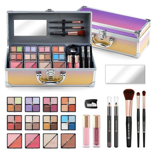 Color Nymph Starter Makeup Kit for Tweens Girls With Train Case, Full Starter Cosmetics Makeup Set Included Included 32 Colors Eyeshadow, Bronzer, Contour Powder, Blush, Highlighter, Lip Gloss (Pink)