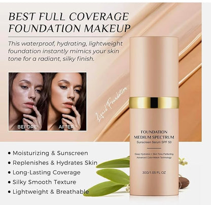 Foundation 4 in 1 - Medium Spectrum with SPF 50+, Anti-Aging, Concealer, Sun Protection, Hydrating Color Changing Foundation Makeup Liquid - Longwearing & Waterproof for Sport, Dancing (1PC, 30ml)