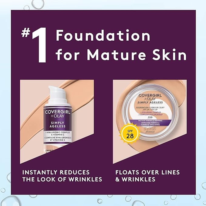 CoverGirl & Olay Simply Ageless 3-in-1 Liquid Foundation, Matte Finish, Hyaluronic & Vitamin C Formula, Cruelty Free, Toasted Almond, 1 Count