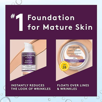 CoverGirl & Olay Simply Ageless 3-in-1 Liquid Foundation, Matte Finish, Hyaluronic & Vitamin C Formula, Cruelty Free, Toasted Almond, 1 Count
