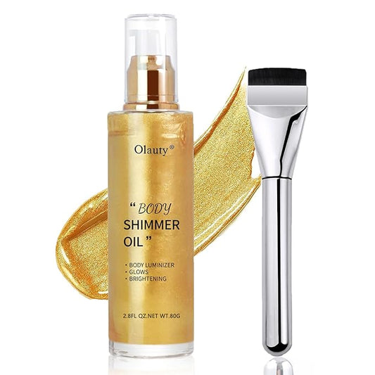 Body Shimmer Oil Gold 4 Color Face Brighten Luminizer Glow for Face & Body, Summer Glow Pearl Highlighter Liquid Illuminator Makeup With Brush (#2, 2.8 Fl Oz)
