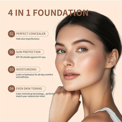 Match Foundation 4-in-1 with SPF 30 : Ultra-light Color Adapting Foundation with 2 Cosmetics Sponge - Moisturizing & Concealer Face Makeup Foundation