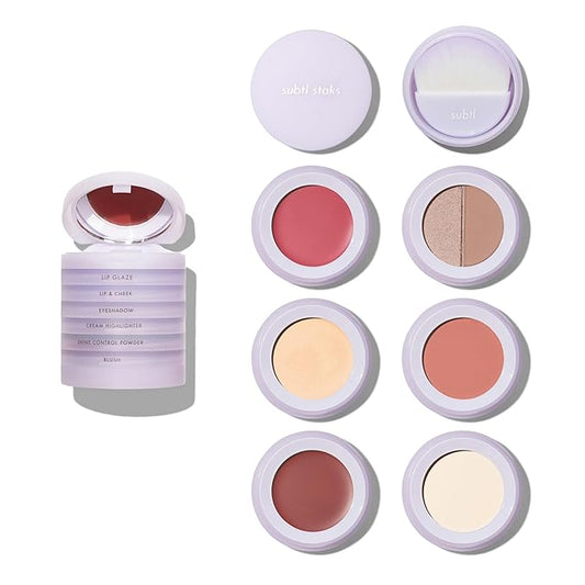 6-in-1 Stackable Travel Makeup Kit by Subtl Beauty | New Lip Glaze, Eyeshadow, Highlighter, Lip + Cheek, Blush, Shine Control | Includes Mirror & Brush | Compact Makeup for On the Go