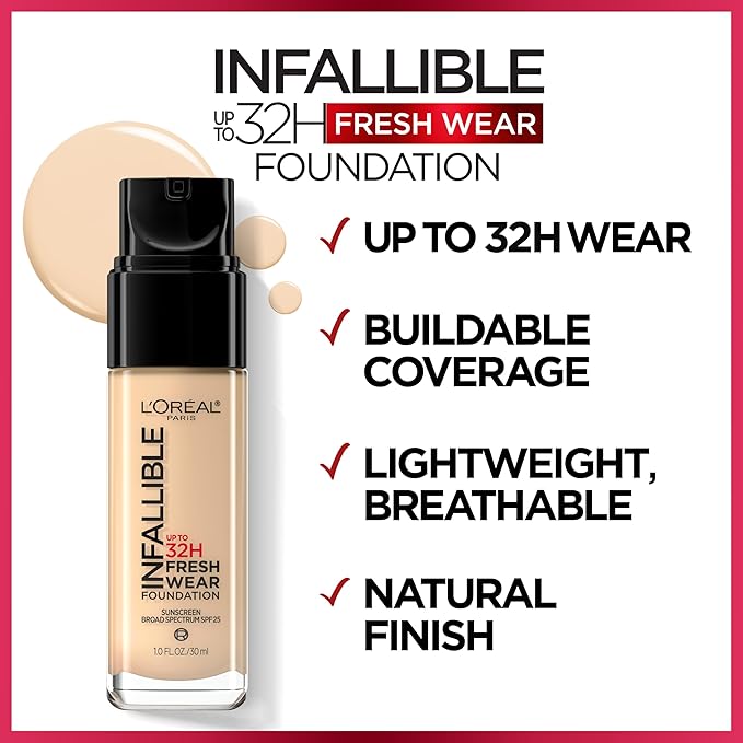 L'Oreal Paris Makeup Infallible Up to 32 Hour Fresh Wear Lightweight Foundation, 485 Golden Sun, 1 Fl Oz, Packaging May Vary
