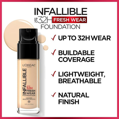 L'Oreal Paris Makeup Infallible Up to 32 Hour Fresh Wear Lightweight Foundation, 485 Golden Sun, 1 Fl Oz, Packaging May Vary