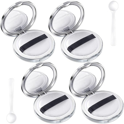 OIIKI 4 Packs Loose Powder Compact Containers, 5g Refillable Container with Powder Puff, Mirror, Net, Spoon, DIY Makeup Powder Cases Portable Powder Compact Boxes for Daily Use or Travel - Silver