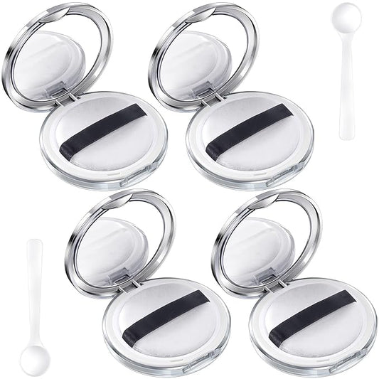 OIIKI 4 Packs Loose Powder Compact Containers, 5g Refillable Container with Powder Puff, Mirror, Net, Spoon, DIY Makeup Powder Cases Portable Powder Compact Boxes for Daily Use or Travel - Silver