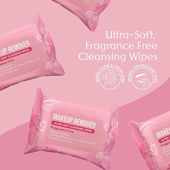 Air Jungles Makeup Remover Wipes 25 Count (Pack of 4), Extra Large 6" x 8", Fragrance-Free, Removes Makeup and Oil, Soft Cleansing Wipes, Alcohol Free