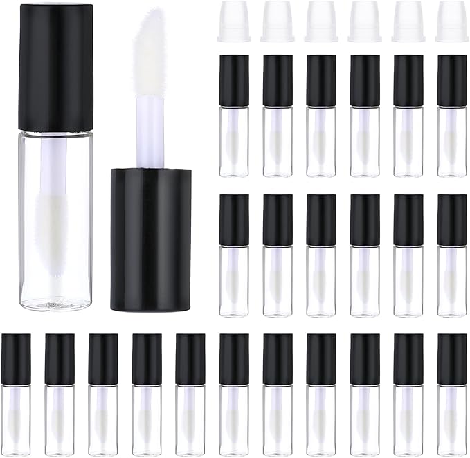 24 PCS Empty Lip Gloss Tubes, 1.2ml Clear Lip Gloss Tubes with Wand, Plastic Refillable Lip Balm Gloss Containers Clear Cosmetic Containers Bottles for DIY Makeup Lipgloss Making Kit(Black Cap)