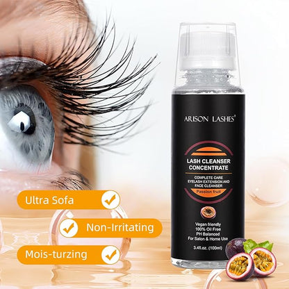 ARISON LASHES Eyelash Cleanser Concentrate 100ml Lash Extensions Shampoo Natural Foaming Cleanser DIY Non-lrritating 20 Bottles 60ml lash Shampoo（Passion Fruit）