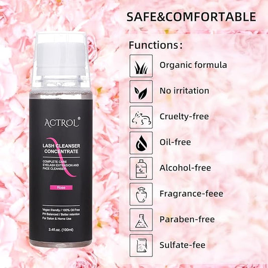 Eyelash Cleanser Concentrate 100ml Rose Professional Lash Shampoo Foaming Cleanser Paraben & Sulfate Free Non-lrritating Wash for Extensions Lashes with Salon Home Care-Makes 20 Bottles