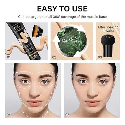 2PCS Mushroom Head Air Cushion CC Cream, Moisturizing Lasting Oil Control BB Cream for All Skin Types, Full Coverage Concealer Liquid Foundation Face Makeup Set with Foundation Brush & Makeup Sponge B