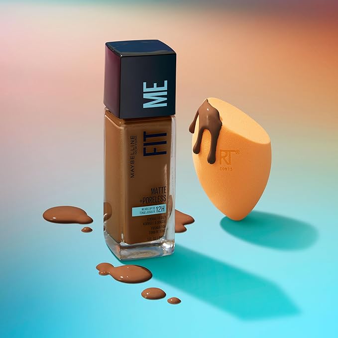 Maybelline Fit Me Matte + Poreless Liquid Foundation and Real Techniques Makeup Sponge Bundle, Includes 1 Foundation in Mocha and 2 Miracle Complexion Makeup Sponges