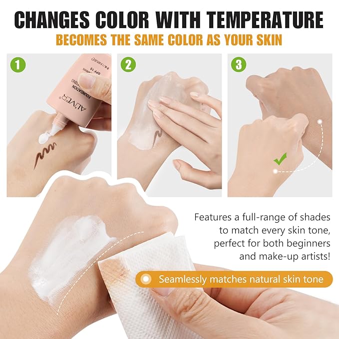 Colour Changing Foundation, 2Pack Color Changing Liquid Foundation Makeup Base Moisturizing Concealer Cover for Women, SPF15, Sunscreen, Non-Greasy, Long Lasting