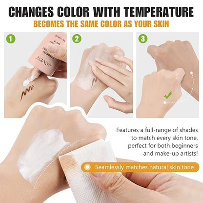 Colour Changing Foundation, 2Pack Color Changing Liquid Foundation Makeup Base Moisturizing Concealer Cover for Women, SPF15, Sunscreen, Non-Greasy, Long Lasting