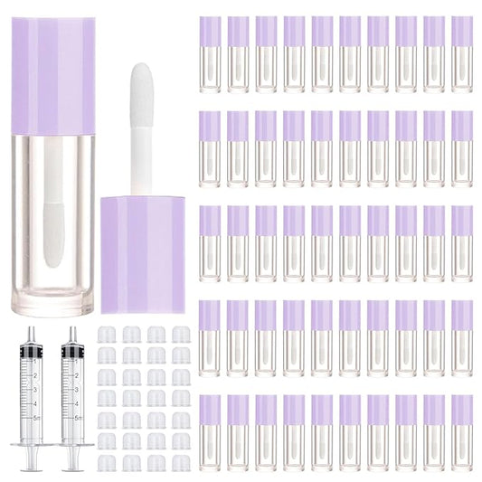 50pcs 2.5ml Empty Lip Gloss Containers Lip Gloss Tubes with Wand Cute 0.08oz Clear Refillable Lipgloss Making Supplies Kit for DIY Makeup + 2pcs Syringes (Purple)