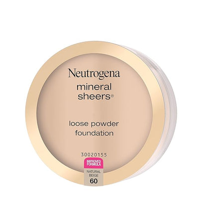 Neutrogena Mineral Sheers Lightweight Loose Powder Makeup Foundation with Vitamins A, C, & E, Sheer to Medium Buildable Coverage, Skin Tone Enhancer, Face Redness Reducer, Natural Beige 60,.19 oz