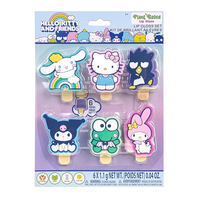 Townley Girl Hello Kitty and Friends 6 pack Fruit Flavored Lip Gloss Pucker Pop Set, Ages 3+ Perfect for Birthdays, Stocking Stuffers, Holidays, School Rewards, Spa Days, Slumber Parties, and More
