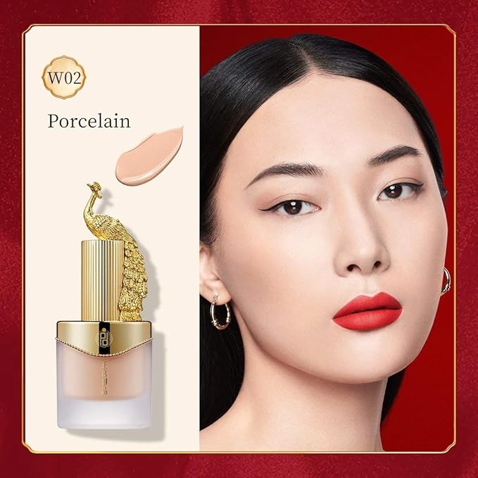 ZEESEA [Palace Identity] Full Coverage Liquid Foundation Nourishing Skin Long-lasting Lightweight Makeup，Chinese Phoenix (W02# Porcelain)