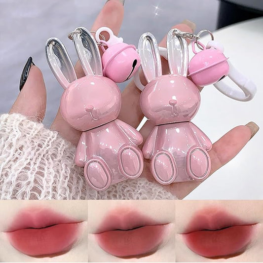 Pack of 3 Matte Lip Stain, Pink Bunny Cute Lipstick, 3 Colors Velvet Lip Glaze Set, Kawaii Makeup Kit for Women, Creative Keychain Design Easy to Carry (Set B(456#))