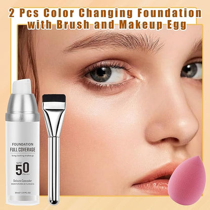 2PCS Color Changing Liquid Foundation Makeup,Flawless Full Coverage Foundation with Makeup Brush and Sponge,Non-greasy Long Lasting Moisturizing SPF50 PA+++ Face Sunscreen for Women（A)