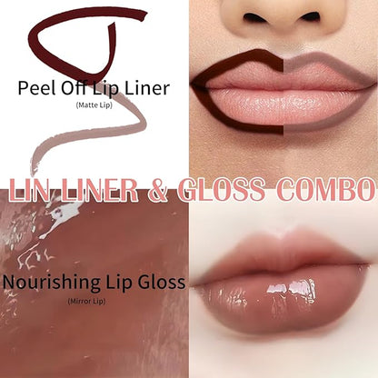 Lip Stain Peel Off, Lip Liner Stain Set Long Lasting Waterproof Lip Tint Stain Peel Off Lip Liner and Lipstick Combo Brown Lip Gloss Tattoo Nude Transfer Proof for Women Everyday Makeup