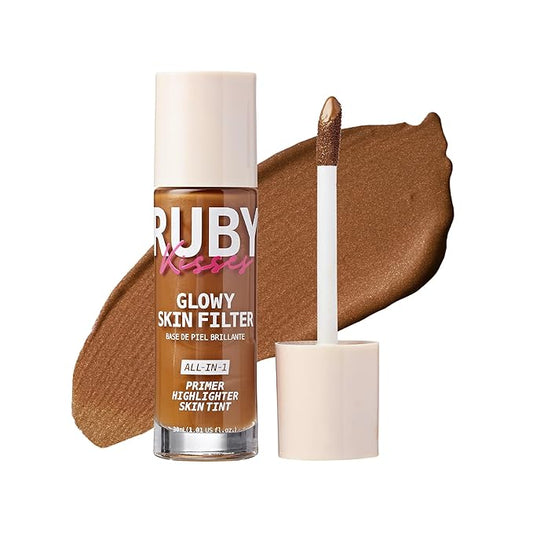 Ruby Kisses Glowy Skin Filter Foundation - All-in-1 Primer, Skin Tint & Highlighter, Hydrating Light Coverage with Squalane, Natural Dewy Finish, Luminous & Radiant Glow (Rich)