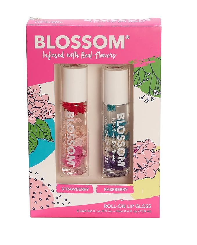 Blossom Scented Roll on Lip Gloss, Infused with Real Flowers, Made in USA, 0.4 fl. oz./11.8ml, 2 pack Gift Set, Strawberry/Raspberry