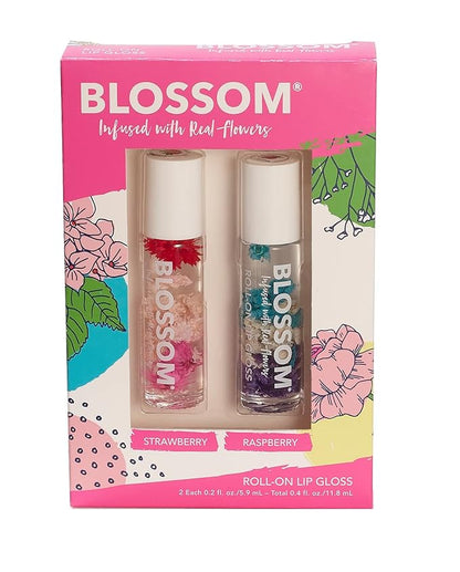 Blossom Scented Roll on Lip Gloss, Infused with Real Flowers, Made in USA, 0.4 fl. oz./11.8ml, 2 pack Gift Set, Strawberry/Raspberry