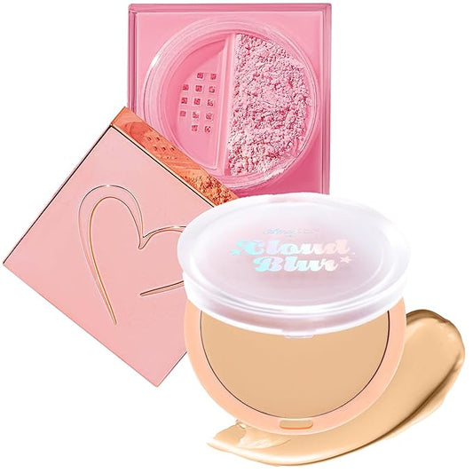 Beauty Bundle Beauty Creations Pink Cloud Pink Loose Setting Powder & Amorus Cloud Blur Matte Balm Foundation, Minimizes Pores, Matte Finish 14HR Shine Control (Buff Beige)