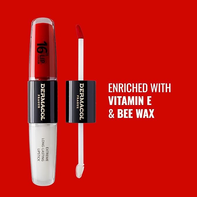 Dermacol NEW 16-Hour Lip Colour, Highly Pigmented Glossy Lip Stain, Two-Phase Lip Plumper Gloss, Kissproof Lip Makeup Products with Matte and Glitter Finish, n.4