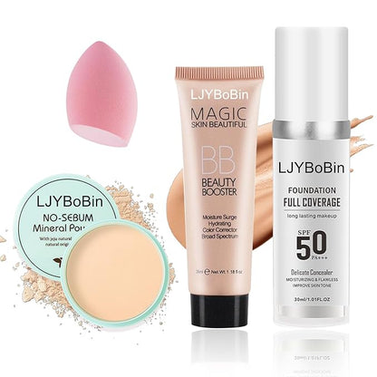 4PCS Full Coverage Foundation Set,Waterproof Long Lasting Moisturizing Color Changing Foundation,Hydrating BB Cream,Translucent Matte Loose Setting Powder Face Base Makeup Set with Makeup Sponge