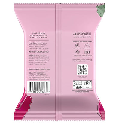 Burt's Bees, Rose Water Face Wipes, for All Skin Types, Hydrating Micellar Makeup Remover & Facial Cleansing Towelettes, 30 Count (1 Pack)