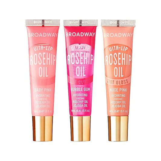 Ruby Kisses Broadway Vita-Lip Tinted Lip Gloss (3 Pack Baby Pink, Bubble Gum, Nude Pink) Ultra-Hydrating Rosehip + Jojoba Oil & Soothing Formula with Vitamins, High-Shine Non-Sticky Finish Lip Balm