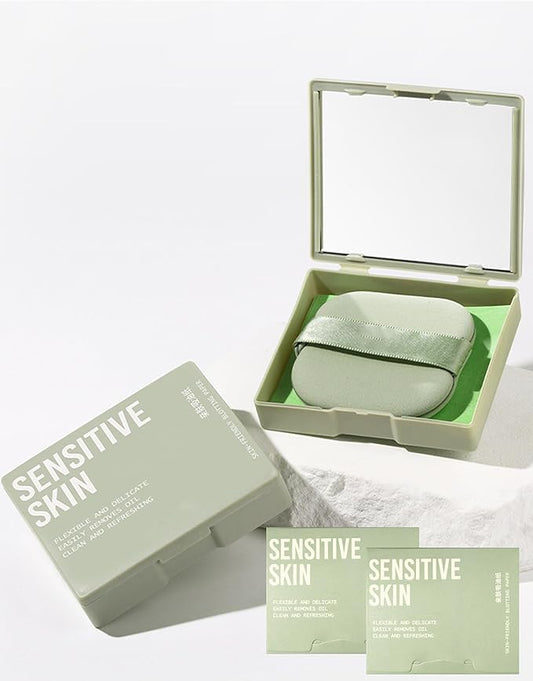Oil Blotting Paper - 300 Sheets w/Mirror, Puff & Refills, Absorbs Excess Face Oil, Controls Shine, Gentle for Makeup Use.