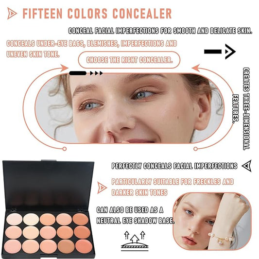 15 Colors Concealer Makeup Palette,Color Corrector Cream Contour Makeup Palette,Full Coverage Face Contouring Foundation,Color Correcting Concealer Palette with Foundation Brush