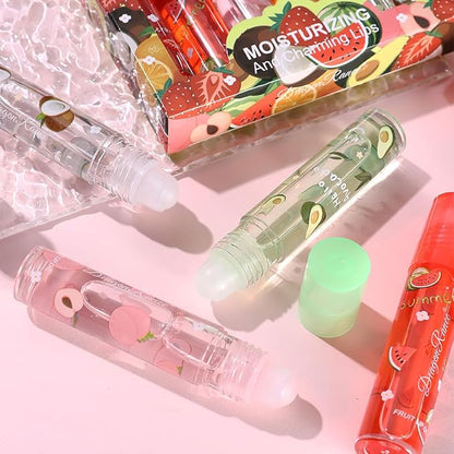 6 Pcs Fruit Roll-on Lip Gloss Set, Clear Lip Gloss Crystal Jelly Liquid Lipstick, Plumping Lip Oil Moisturizing Hydrating Non-Sticky, Nice Gift for Women Girl
