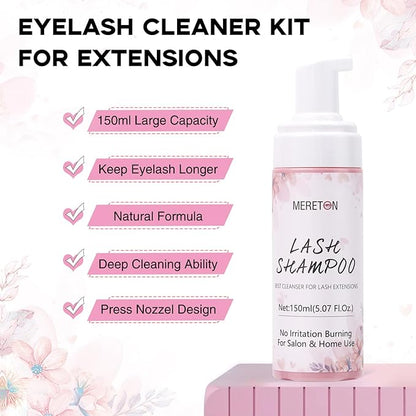 150ml Lash Shampoo for Lash Extensions, Eyelash Extension Cleanser Lash Cleaning Kit for Cluster Lashes with Fan+Makeup Pad+Cleaning Brush+100 Pcs Lash Brush+Wash Bottle, Oil Free Foam